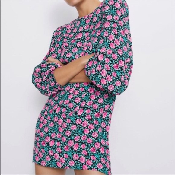 Zara Pink Rose Floral Long Sleeve Mini Dress - Size S - Picture 2 of 5